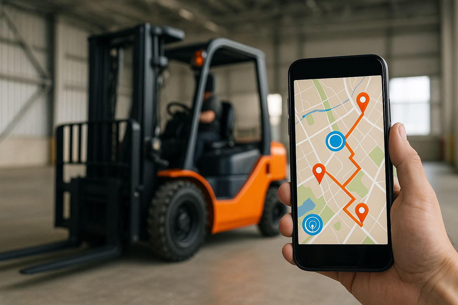 Orange forklift in motion inside a warehouse with a smartphone showing a live GPS tracking dashboard, representing real-time equipment tracking in Guam.