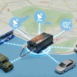 3D illustration of the F1 GPS Tracking Device Guam with connectivity lines linking to a public bus, military jeep, delivery van, and private car, symbolizing multi-sector fleet management in Guam with satellite, GSM, and CAN Bus integration.